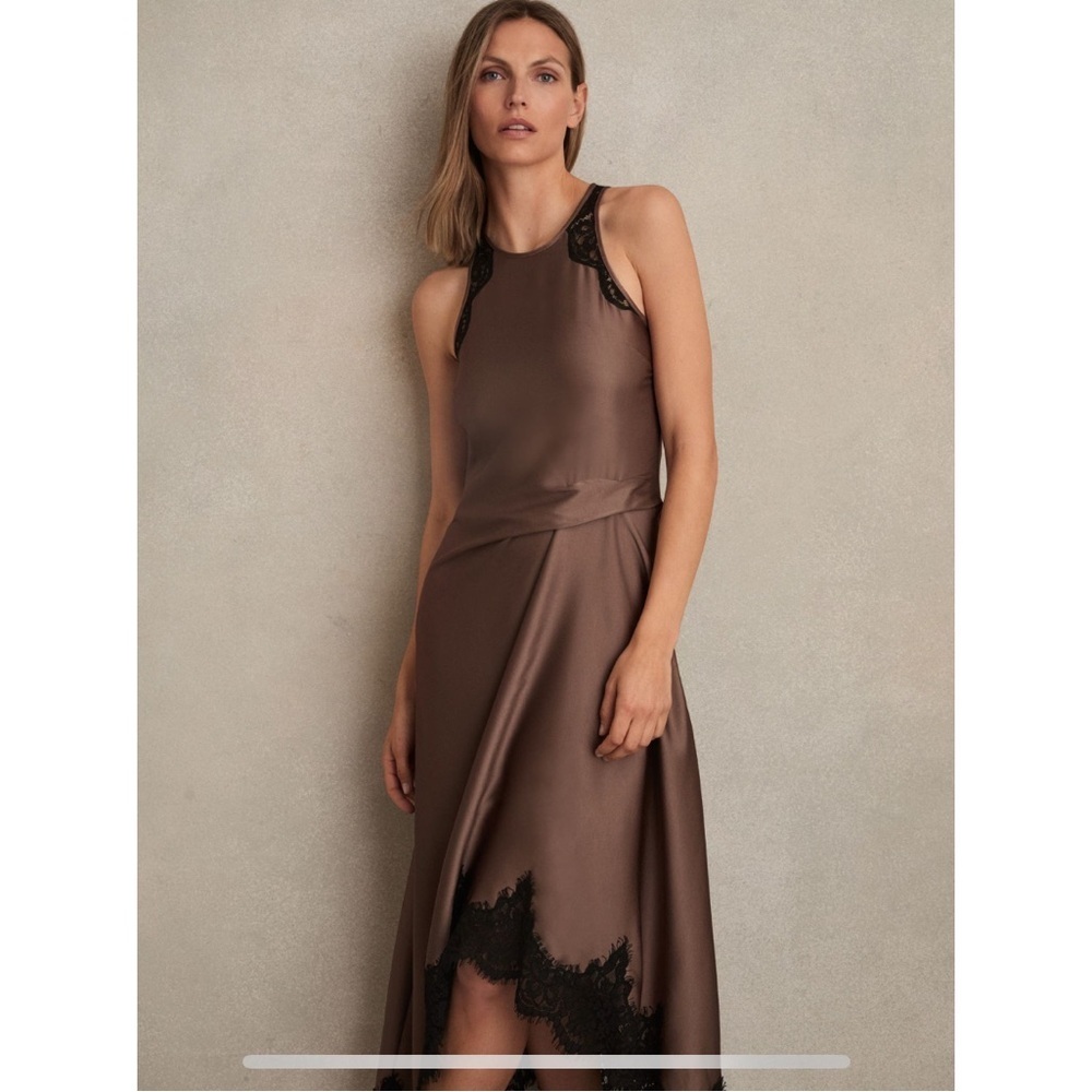 NWT REISS Anais Drape lace-trim dress mocha brown size 12 - Picture 3 of 12